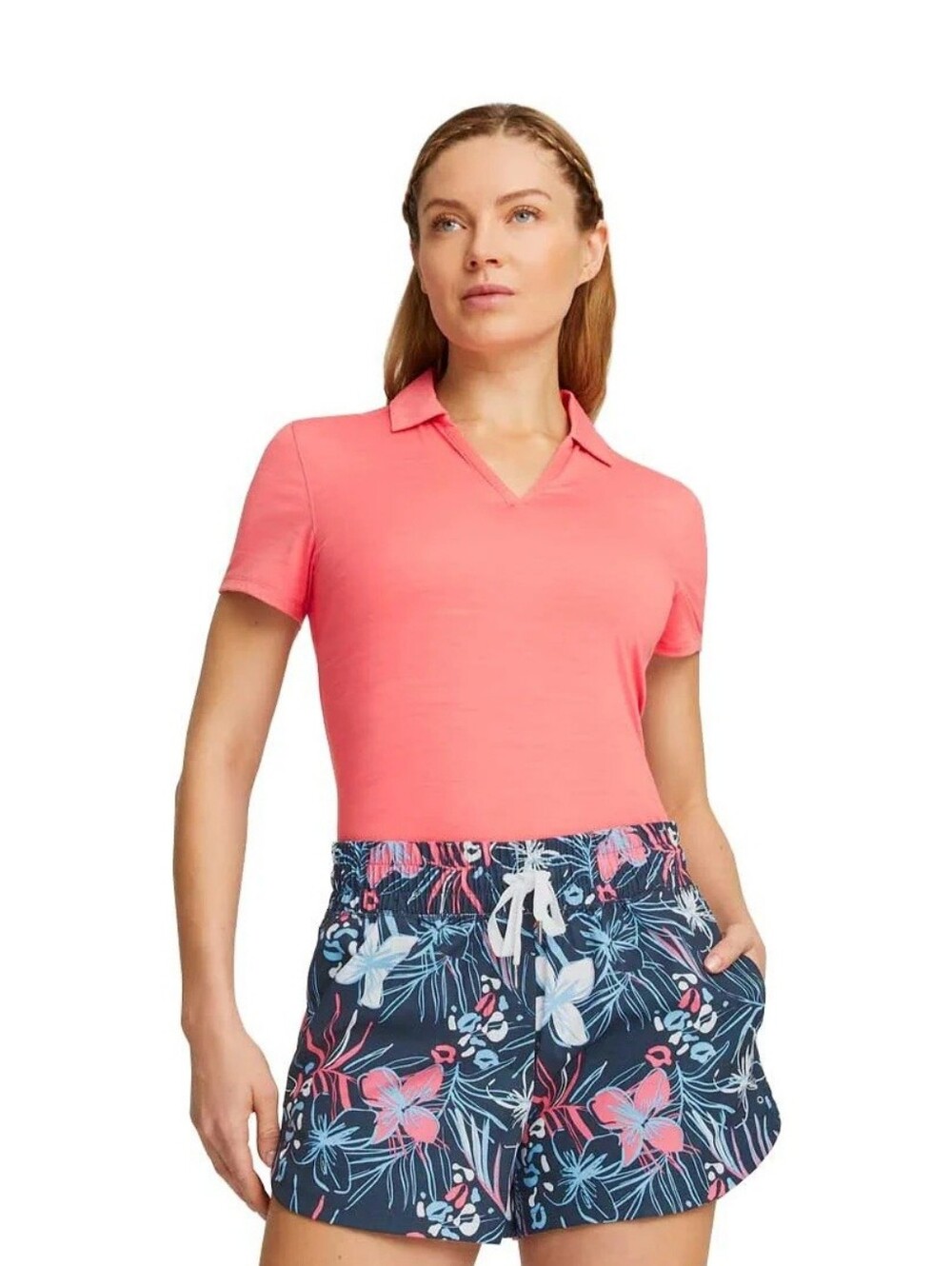 PUMA Women's M Cloudspun Coast Polo Tee Pink Golf V-Neck Athleisure Performance